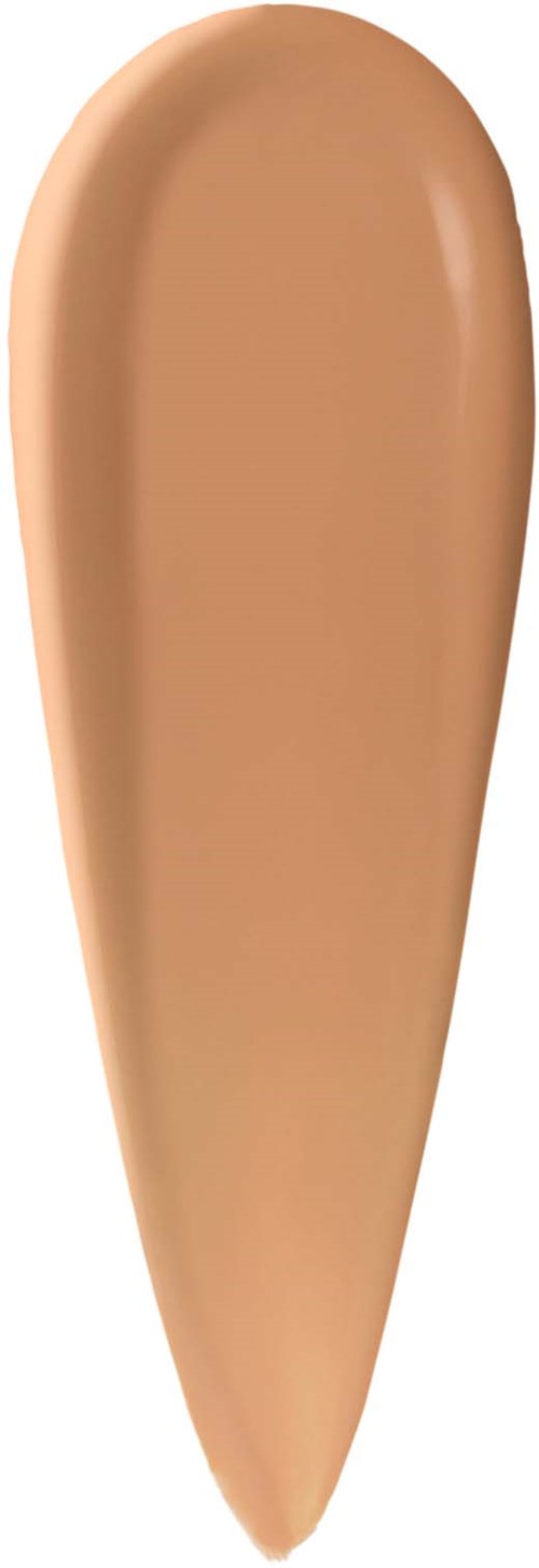 Beige liquid foundation swatch on skin shows smooth, even coverage with a natural finish.