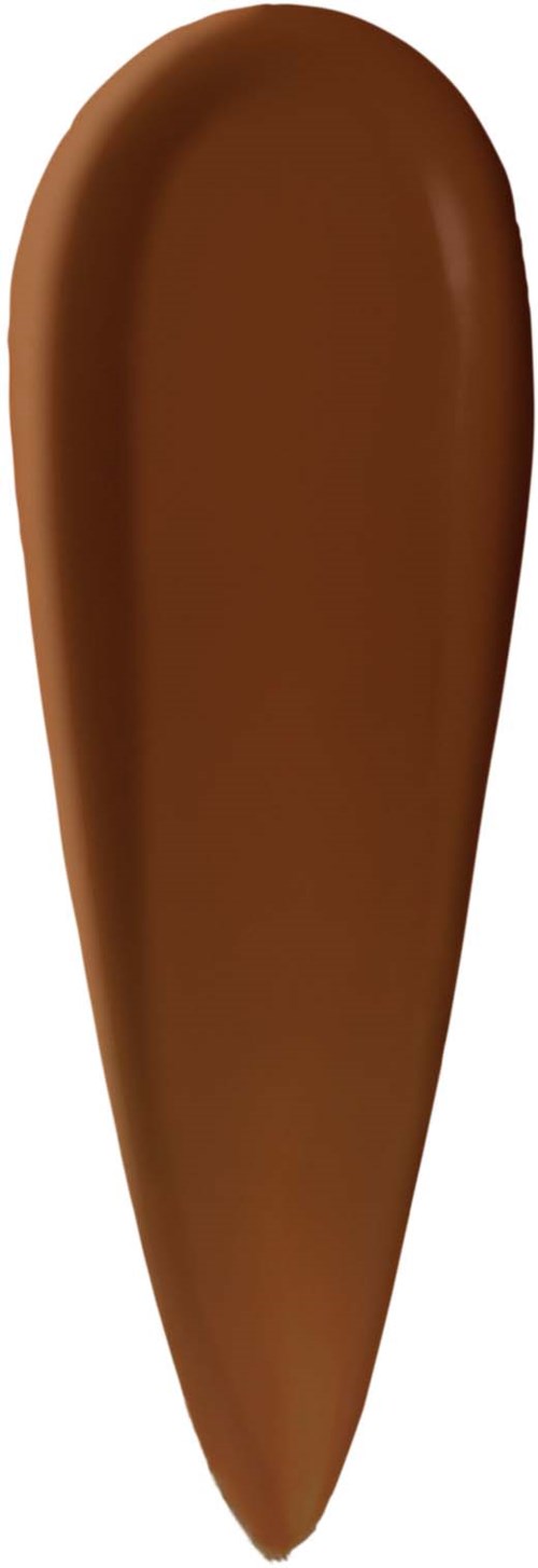 A large, elongated brush stroke of warm brown lipstick, smooth and glossy in texture.