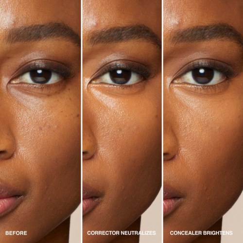 Three close-up images of a woman's eye show makeup changes, with a focus on concealer and skin brightness.