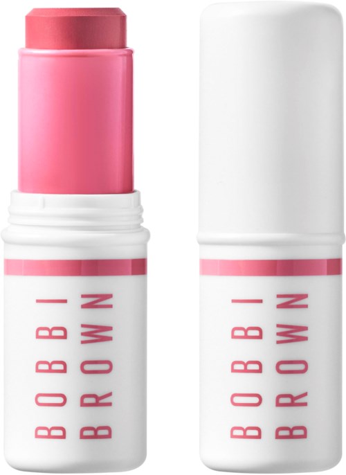 En leppestift med rosa farge og hvit tube merket Bobbi Brown. Sjekk er av, og viser leppestiftet inni.