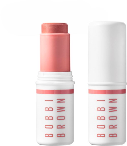 En rosa og hvit leppepomade med merkevaren Bobbi Brown. Kappen er fjernet, viser produktet.
