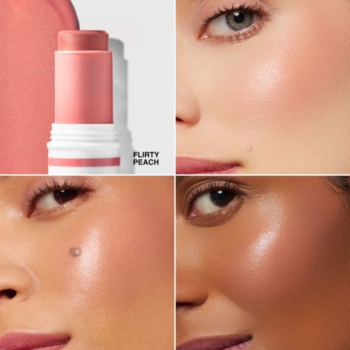Lip balm merket Flirty Peach og nærbilder av glødende hud på forskjellige ansikter.