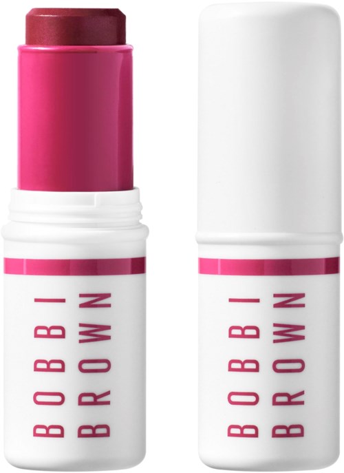 En leppestift med rosa farge og hvit beholder, merket Bobbi Brown. Hette er fjernet for å vise leppestiftet.
