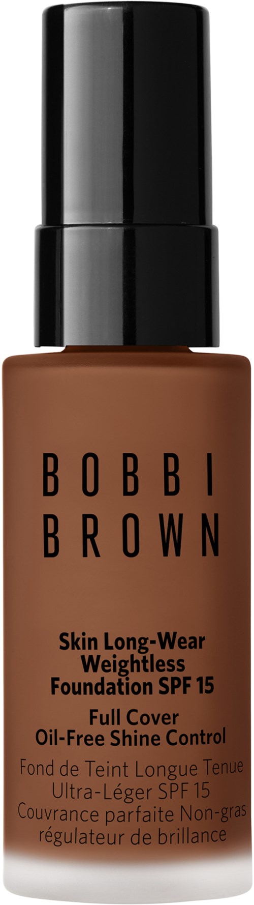 En flaska av Bobbi Brown foundation med svart lock och brunt flytande innehåll.