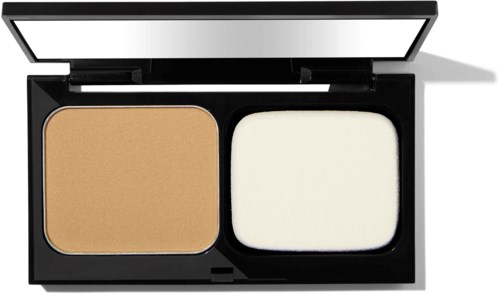 Een make-uppalett met twee secties: een met beige poeder en een met witte spons.