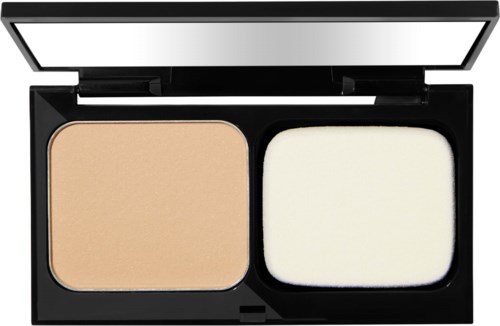 Ein Make-up-Komplett mit beigem Puder auf der linken Seite und weißen Schwamm auf der rechten Seite.