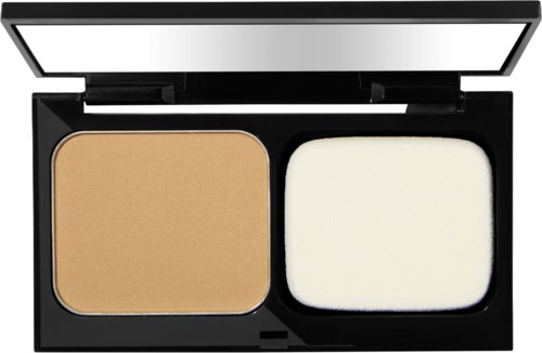 Zwei Make-up-Puder in einer schwarzen Kompaktbox mit Spiegel, beige und weiß.