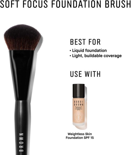 Text som beskriver en mjuk foundationborste och en flaska Bobbi Brown hudfoundations SPF 15.