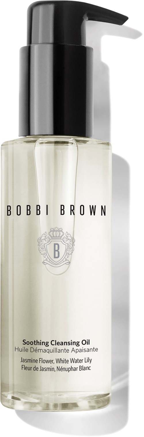 A clear bottle with black pump contains Bobbi Brown soothing cleansing oil, with jasmine flower and water lily scent.