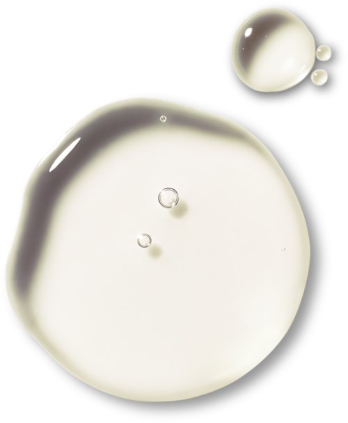 A large transparent droplet with a smaller droplet nearby on a white background.