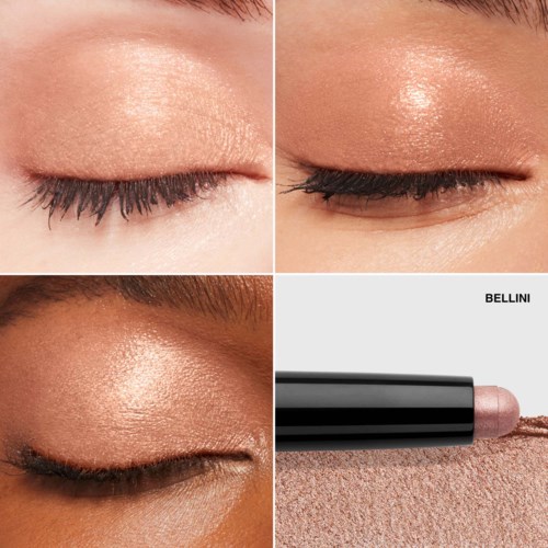 Nahaufnahme von Augen mit schimmerndem Lidschatten und einem pinken Highlighter-Stift neben einem Swatch.