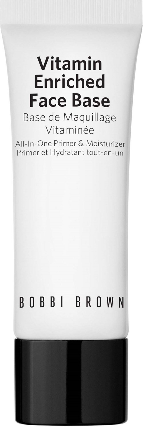 Biały tubka z czarnym korkiem, oznaczona 'Vitamin Enriched Face Base' od Bobbi Brown, do pielęgnacji skóry.