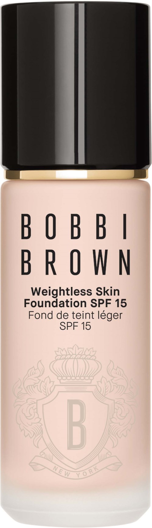 En foundationflaska med svart lock, märkt Bobbi Brown, för lätt hud med SPF 15.