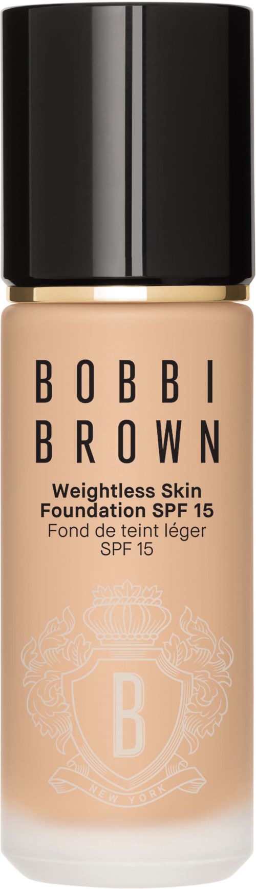 Foundationflaska med svart lock, märkt Bobbi Brown, SPF 15, för viktlös hudtäckning.