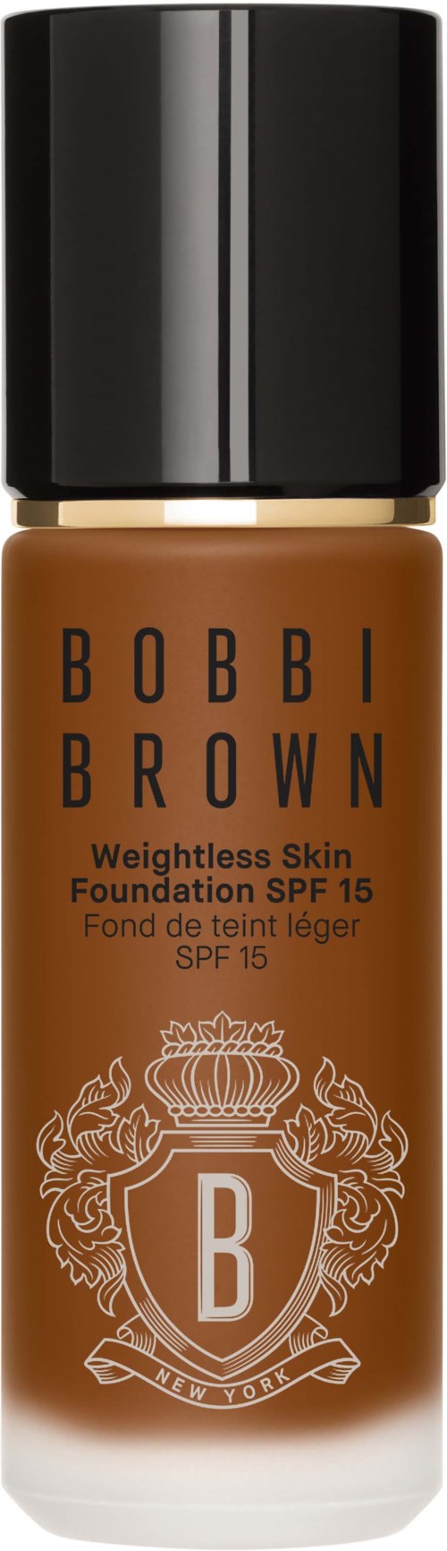 Flaska med Bobbi Brown Weightless Skin Foundation SPF 15, i brunt, med svart lock och dekorativ logga.