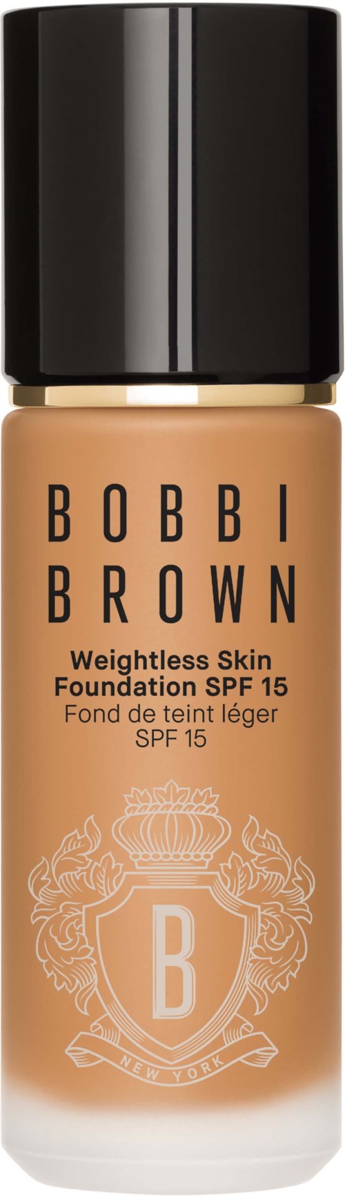 En foundationflaska med svart lock, märkt 'BOBBI BROWN' och SPF 15, i beige färg.