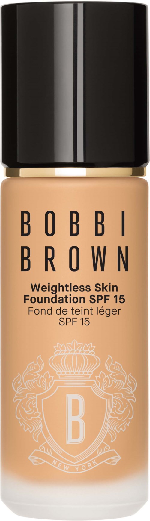 En flaska Bobbi Brown foundation med SPF 15, märkt som viktlös hud, i beige färg. Svart lock.