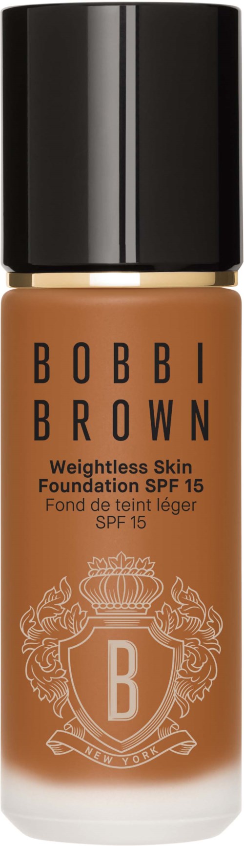 En foundationflaska med svart lock, märkt Bobbi Brown, SPF 15 för lätt hudtäckning.