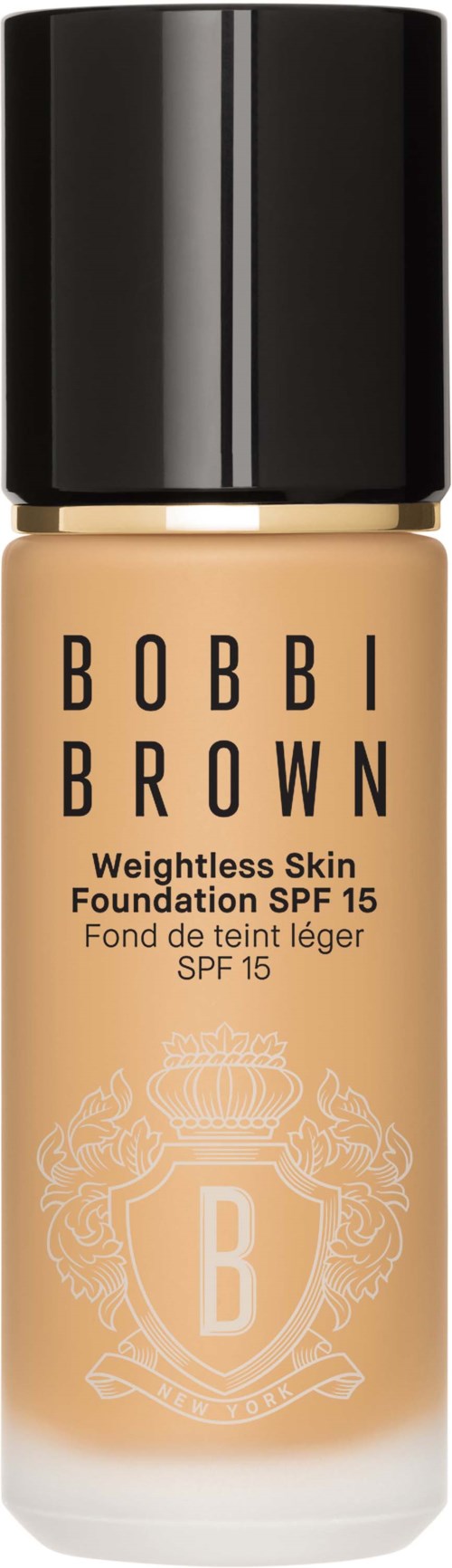 En foundationflaska med svart kork, märkt 'Bobbi Brown Weightless Skin Foundation SPF 15'.