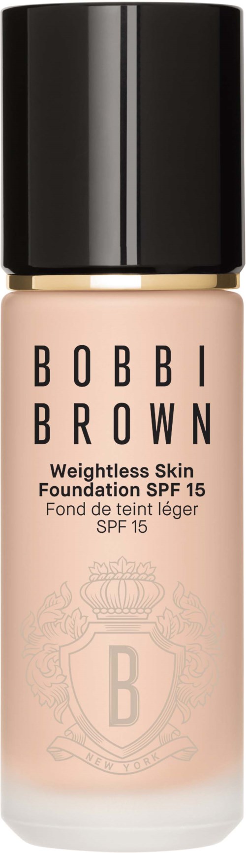 Bobbi Brown-foundationsflaska med svart lock, ljusrosa vätska och text inklusive SPF 15.