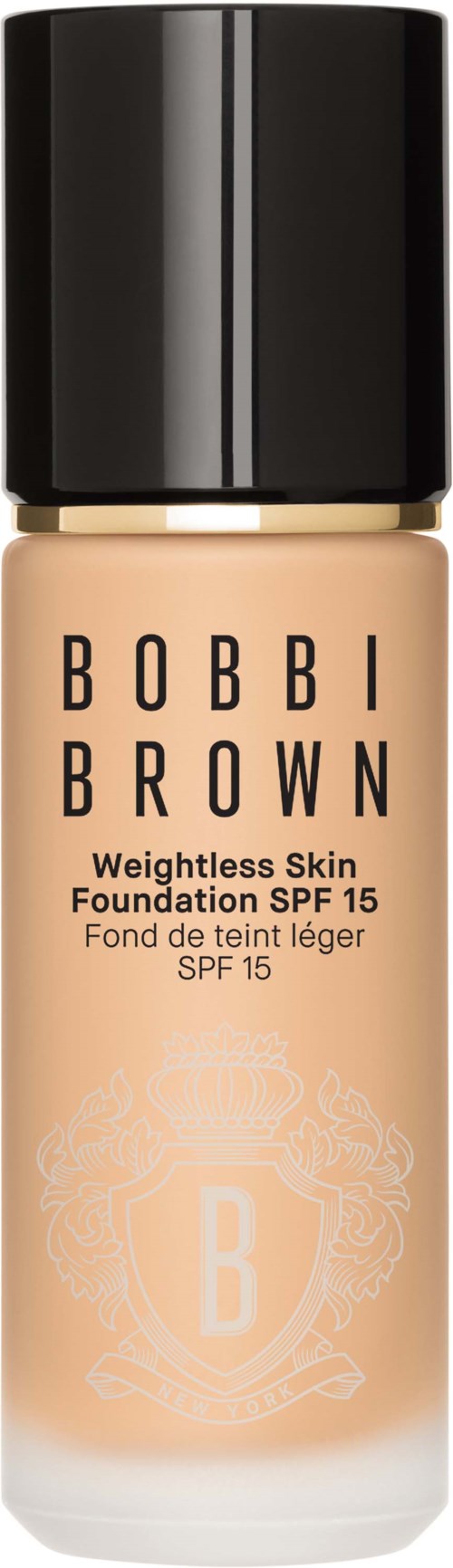Foundationflaska med svart lock, märkt Bobbi Brown, SPF 15, viktlös hud.