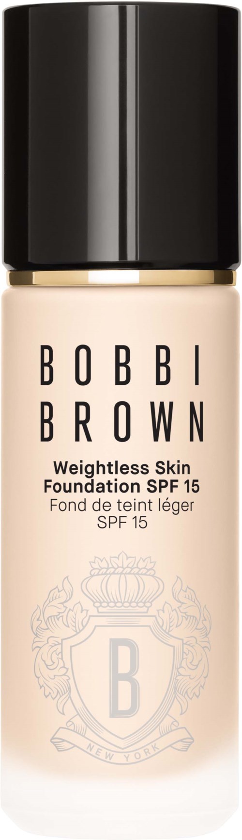 Bobbi Brown foundation bottle with black cap, light beige color, and a crest logo.