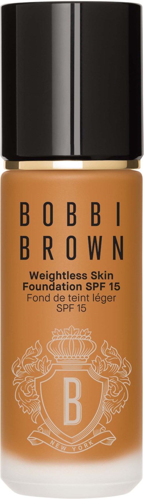 Bobbi Brown foundationflaska med SPF 15, i beige nyans, svart lock och märkestext.