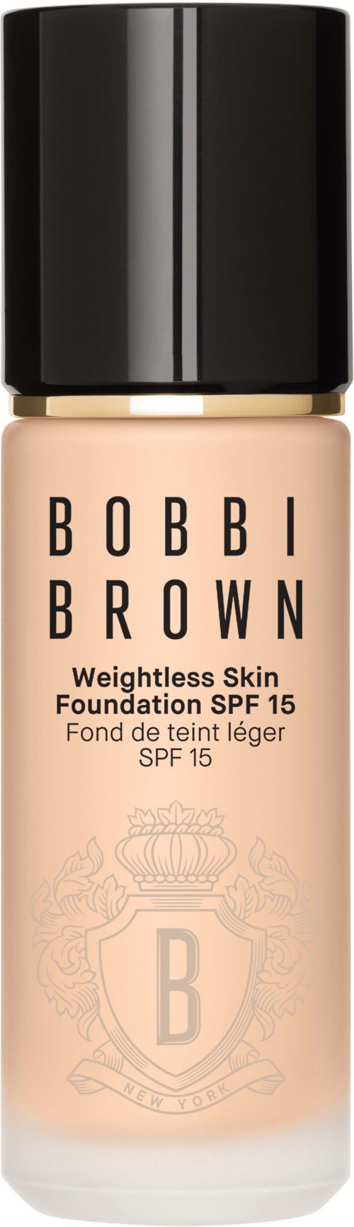 Foundation bottle with black cap, beige color, named Bobbi Brown, SPF 15, lightweight skin.