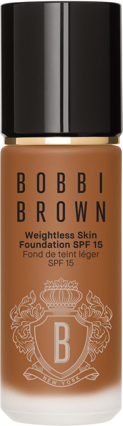 En foundationflaska med svart lock, märkt 'Bobbi Brown, Weightless Skin, SPF 15, Foundation,' i brunt och vitt.