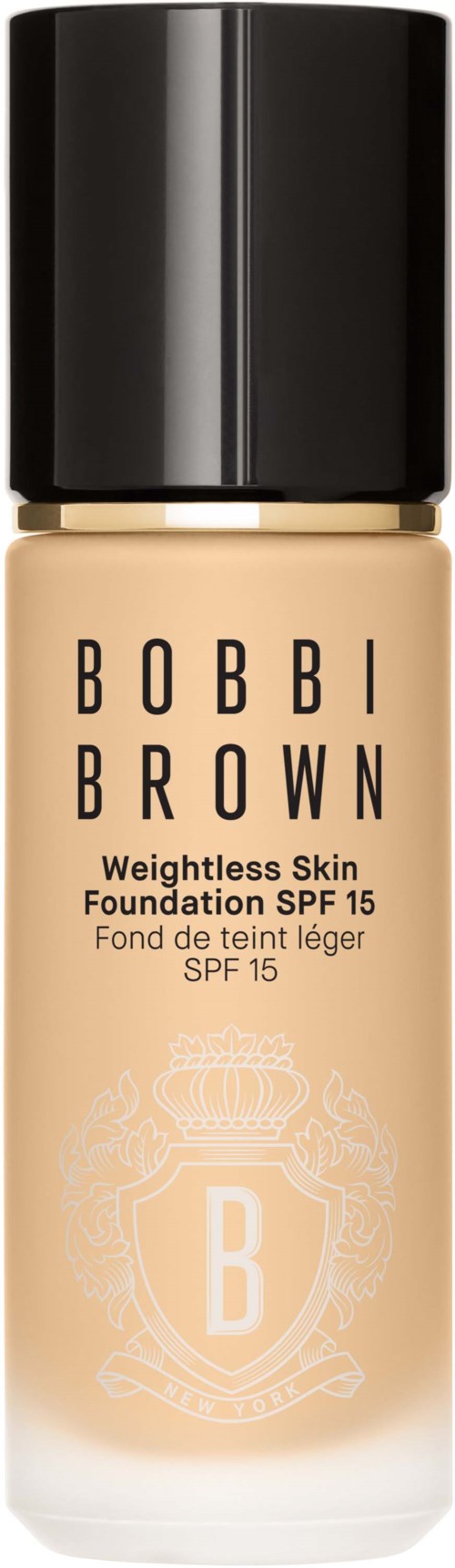 En flaska foundation från Bobbi Brown med SPF 15, i beige nyans, och svart lock.