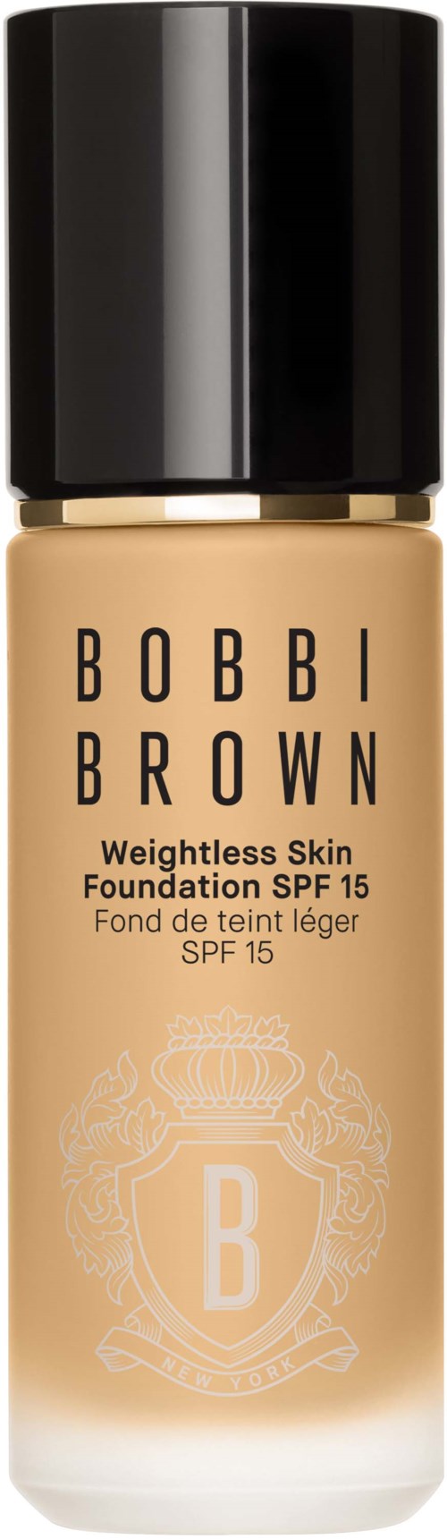 Bobbi Brown foundationflaska med svart lock och beige vätska inuti.