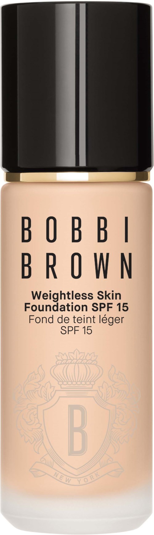Flaska med Bobbi Brown-grundfärg med SPF 15, märkt 'Weightless Skin.' Svart lock, beige foundation inuti.