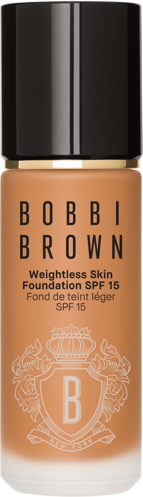 Butelka podkładu Bobbi Brown z SPF 15, w kolorze beżowym z czarną nakrętką.