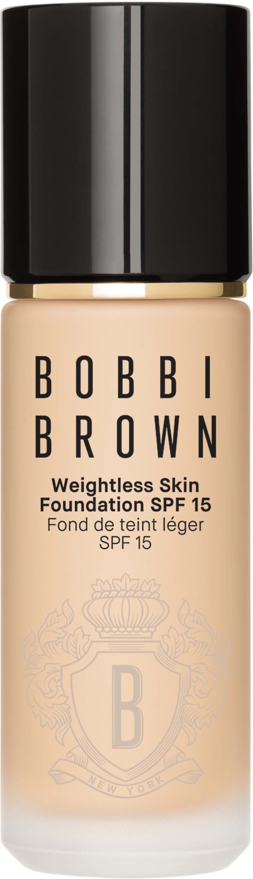 Foundationflaska med svart lock, märkt Bobbi Brown, SPF 15, för viktlös hudtäckning.