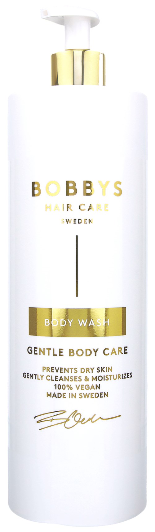 En lang hvit flaske med gullfargede detaljer for hår- og kroppsvård, merket BOBBYS, Body Wash og gentle care.