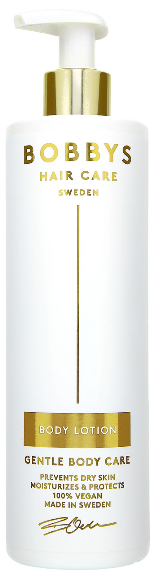Een lange witte fles met pomp, met gouden details en tekst over haar- en lichaamsverzorgingsproducten.