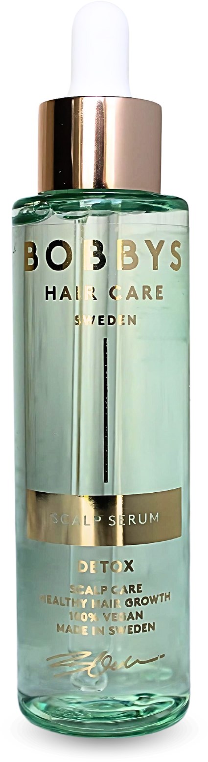 En klar flaska med droppkork märkta Bobbys Hair Care Detox Serum för hårbotten och hårväxt.