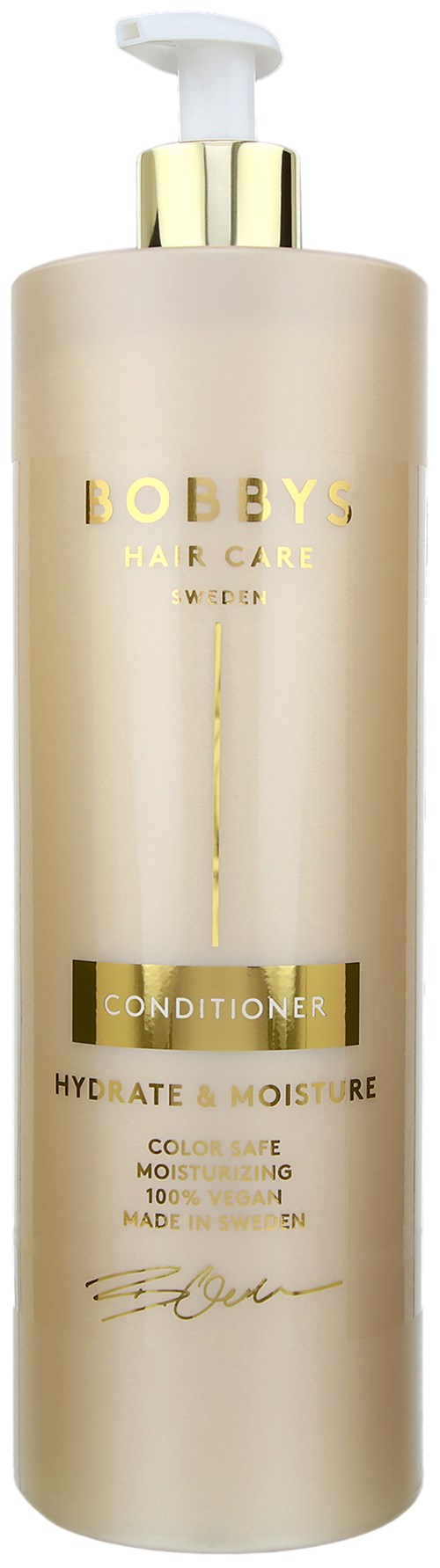Een lange, beige fles met een pomp, met label Bobby's Hair Care Conditioner, hydrateert en vochtig houdt, gemaakt in Zweden.