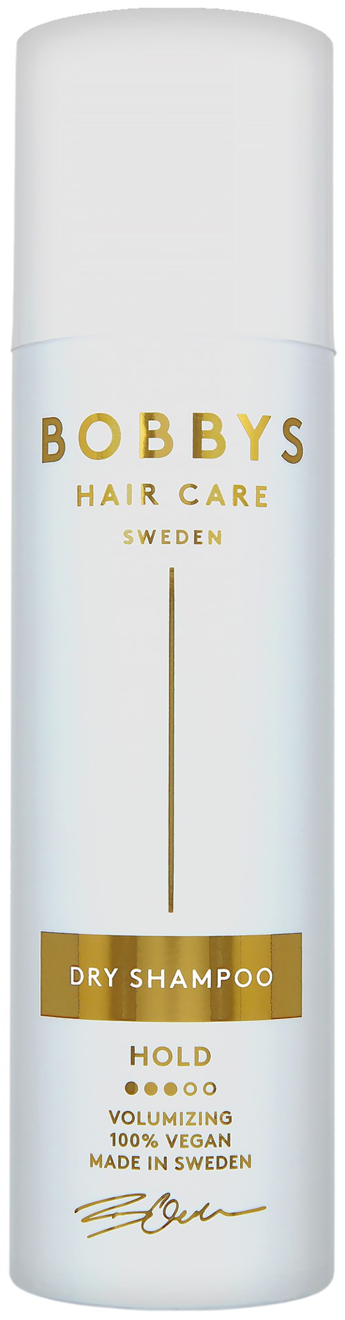 En lång vit flaska med gul text om torrschampo, hårvård och veganska produkter tillverkade i Sverige.