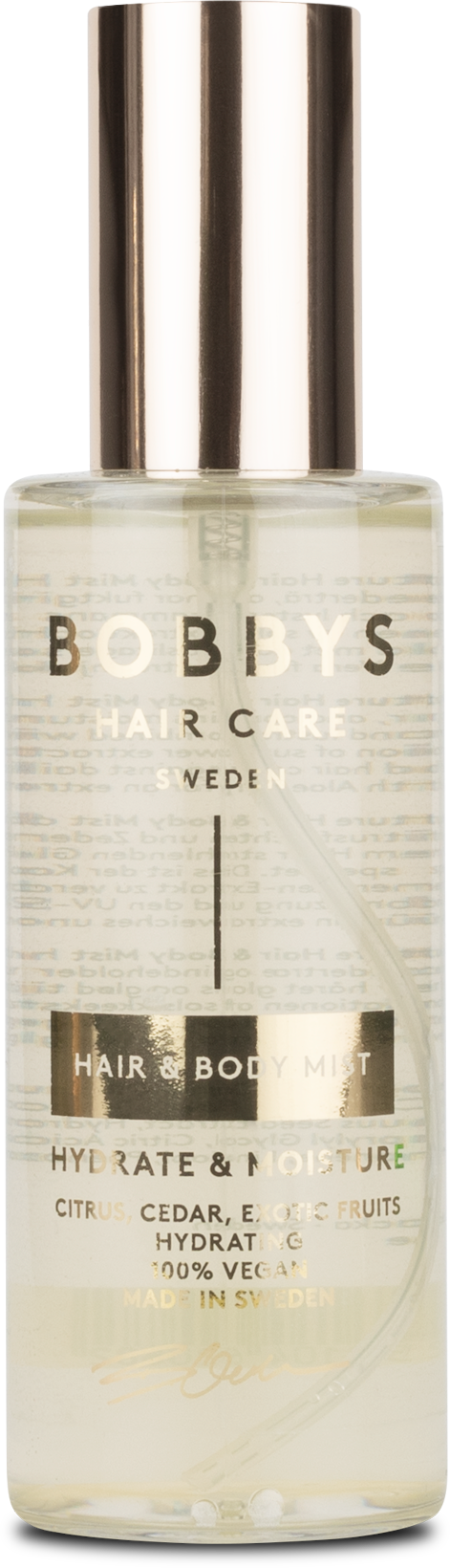 Een doorzichtige fles met zilveren dop, gemarkeerd "Bobby's Hair Care" en vermeldt hydratatie en citrusingrediënten.