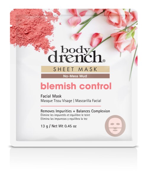 En ansiktsmaskpåse från Body Drench med rosa blommor och en beige banner som beskriver blemmakn kontroll.