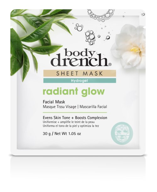 En ansiktsmaskeinnpakking med grønne blader og bobler, merket som 'radiant glow' og ‘Hydrogel’.