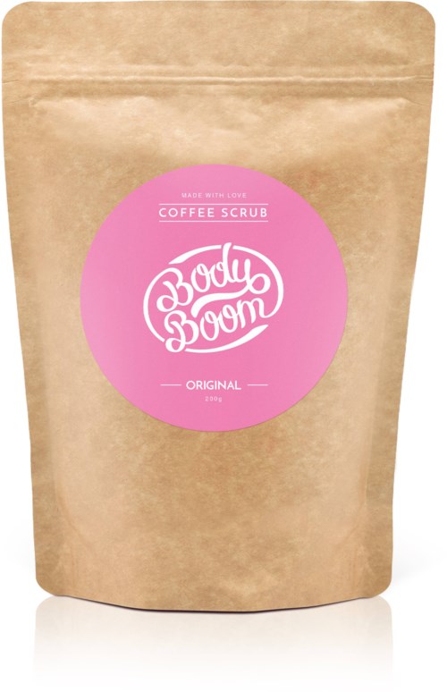 Ett brunt kaffebryggsnäckor med en rosa cirkellapp. Märket har vitt text och en logga i mitten.