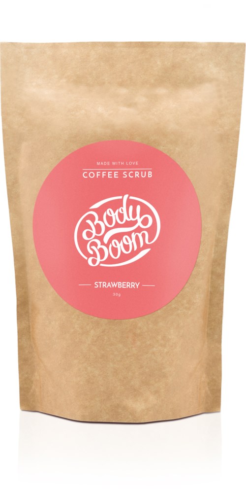 En brun pappperske med en rosa sirkel og hvit tekst som sier "Body Boom" og "Strawberry".