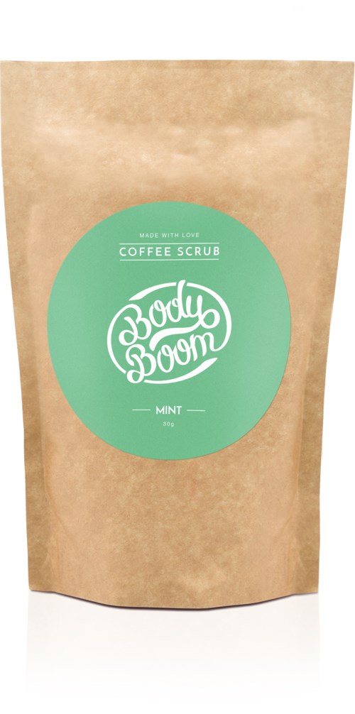 En brun papirpose med etikett som sier "Coffee Scrub" og "Mint."
