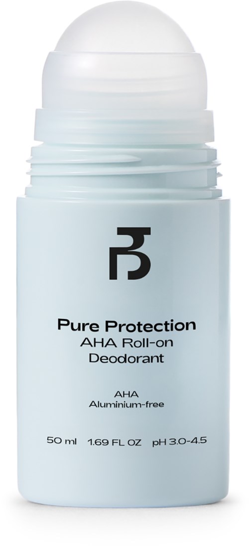 Valkoinen roll-on deodoranttipullo, jossa on musta teksti ja logo, merkinnät "Pure Protection" ja "AHA."