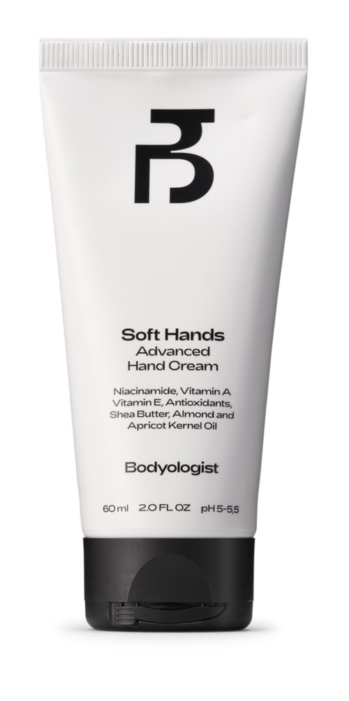 Ein weißer Tuben Handcreme mit schwarzem Deckel und schwarzem Text, gekennzeichnet als Bodylogist Soft Hands Advanced Hand Cream.