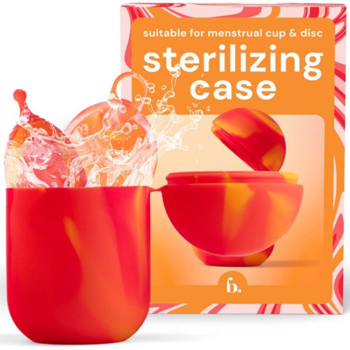 A red and yellow sterilizing case designed for menstrual cups and discs, shown with a cap next to it, with packaging.