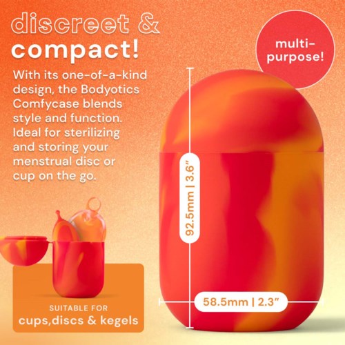 A small, orange, multi-purpose container with measurements, suitable for cups, discs, and kettles.