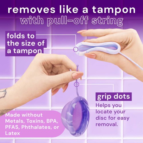 A hand pulls a string on a purple device that removes tampons easily, showing grip dots for holding.